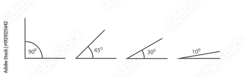 Set of different acute and right angles shown with degree measurements, including 10, 15, 30, 45, 60, 75, and 90 degrees