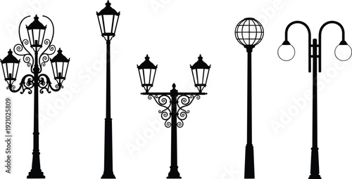 Vintage and modern street lamp silhouettes collection isolated on white background decorative outdoor lighting poles vector illustration for urban city design projects