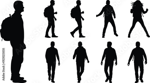 Black silhouettes of women walking with backpacks and bags, set of diverse female figures in casual motion for lifestyle designs.