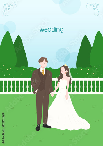 Flat Vector Wedding Couple Holding Hands in Green Garden Background