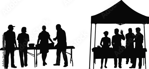 Black silhouettes of people working at outdoor market stalls and community event food stands isolated on a clean white background