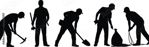Construction worker silhouettes cleaning digging tool activity set, builders performing manual labor collection, industrial workforce illustration poses