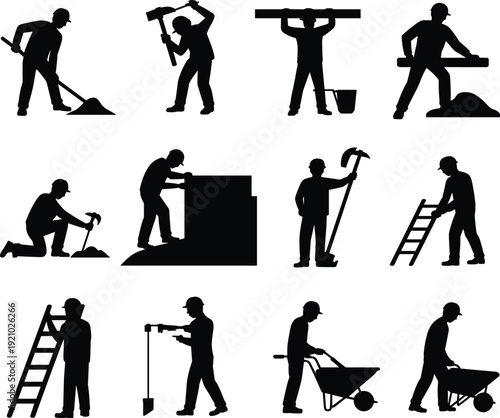Construction worker silhouettes collection, builders using tools, ladder and wheelbarrow, manual labor men isolated black vector set
