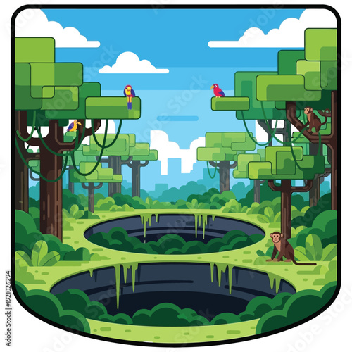 Jungle landscape illustration with tropical trees monkeys and exotic birds near circular forest ponds in flat vector style