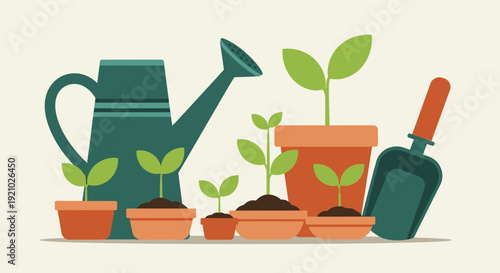 Gardening Tools and Seedlings in Pots.
