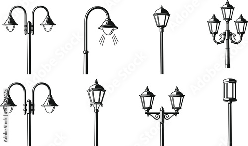 Vintage street lamp collection line art isolated on white background classic urban lighting lantern pole decorative city illumination retro exterior design set