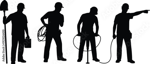 Construction worker silhouettes electrician plumber set, builders holding shovel cable equipment collection, industrial labor workforce illustration poses