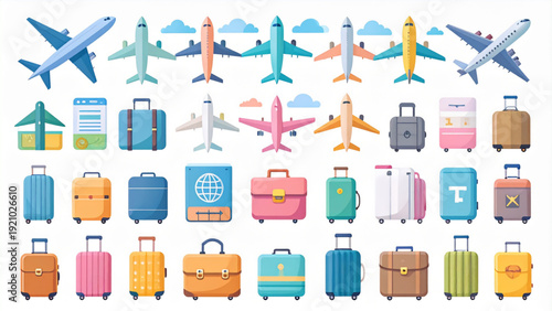 Flat Airplane and Travel Icons Pack Minimal Aviation Object Set Pastel Vector
