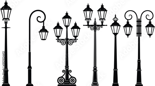 Vintage street lamp collection silhouette set isolated on white background classic city lantern posts decorative outdoor lighting vector illustration for urban design projects