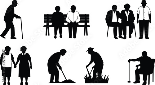 Black silhouettes of senior people and elderly couples gardening walking sitting on bench and armchair isolated on a white background