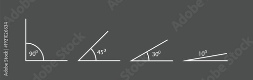 Set of different acute and right angles shown with degree measurements, including 10, 15, 30, 45, 60, 75, and 90 degrees