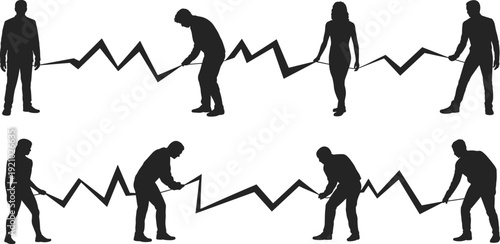 Business people silhouettes holding growth graph line, teamwork and financial analytics concept isolated black vector illustration