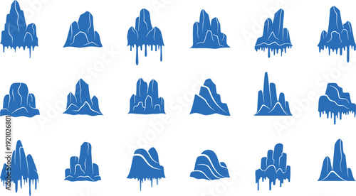Collection of blue abstract mountain and iceberg icons featuring melting water drips and snowy peaks for nature environment cold climate and winter themes