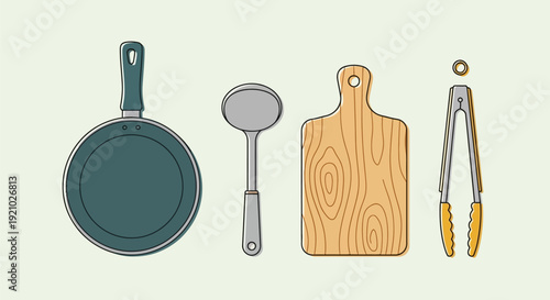 Frying Pan Ladle Cutting Board Tongs Kitchen Utensils.