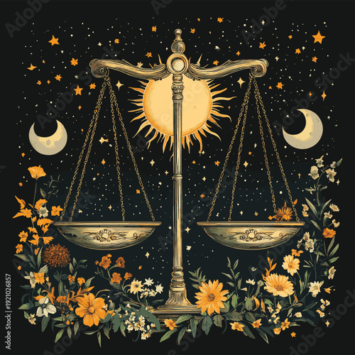 Balance scale with sun and moon representing day and night equilibrium surrounded by floral elements and stars vector illustration for concepts of time and nature