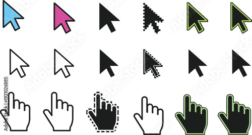 Collection of modern computer mouse cursor arrows and hand pointer clicker icons in various styles including flat pixelated outline and neon glow effects