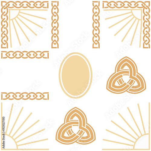 Geometric design elements in gold on black background