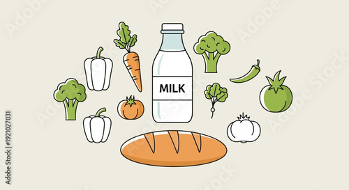 Milk Bottle Surrounded by Fresh Vegetables.