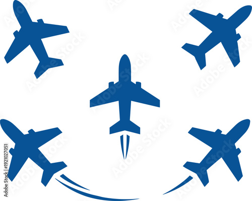 Airplane formation silhouette vector showing multiple jet aircraft flying in coordinated pattern, symbolizing aviation teamwork, air show performance, travel routes and modern transportation concept