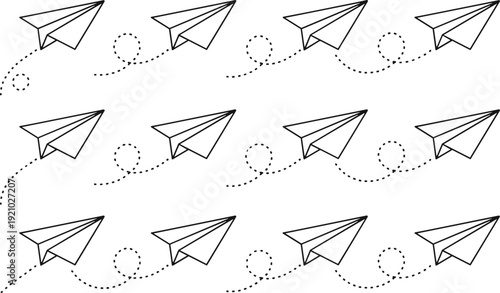 Paper airplane flight path doodle set with dashed trails, minimalist line art icons symbolizing communication, creativity, message delivery, navigation and playful movement isolated on light