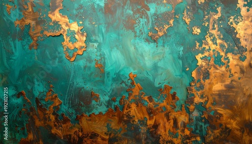 Abstract teal and bronze painted wall, blending colors, evoking a patina. Texture and patterns mimic natural weathering