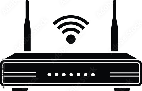 Wireless router modem with antennas and WiFi signal icon isolated on white background, internet network technology vector illustration concept