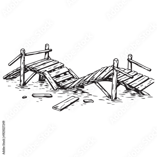 A minimalist vector illustration showing a collapsed wooden bridge, designed with simple shapes to convey instability, ruin, and abstract mood.