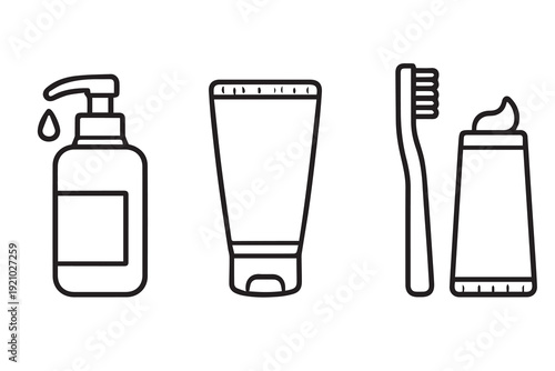 A simple vector icon set featuring a toothbrush, toothpaste, shampoo bottle, and facial wash, representing hygiene, freshness, and daily self care.
