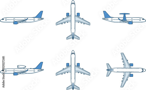 Set of commercial passenger airplanes in multiple views including top, side, and front angles, modern jet aircraft vector collection for aviation, travel, and transportation design projects
