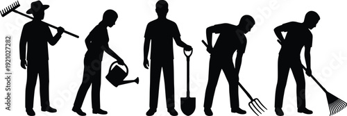 Silhouette of diverse group of professional gardeners and farmers using various agricultural tools like shovels rakes and watering cans outdoors.