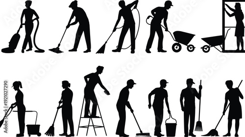 Cleaning service worker silhouettes set, janitors and housekeepers with vacuum mop and broom isolated black vector collection