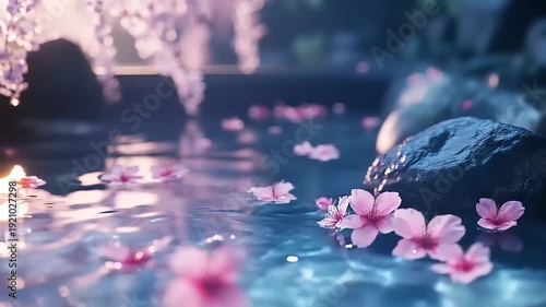 Serene Water Surface with Floating Pink Cherry Blossoms and Rocks.