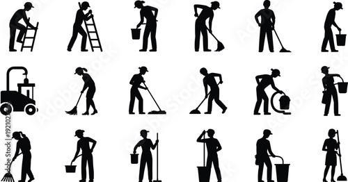 Cleaning worker silhouettes sweeping mopping bucket ladder tasks collection, janitor maintenance service team people illustration concept