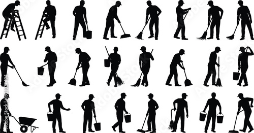 Cleaning worker silhouettes sweeping mopping carrying bucket ladder tasks collection, janitor service team people illustration concept