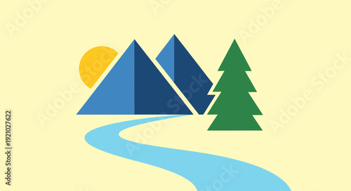 Stylized Mountains River Tree Landscape Illustration.