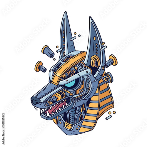 Anubis Cybernetic Robot Head Vector Illustration - Futuristic Egyptian God with Mechanical Details