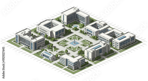 Isometric 3D rendering of a modern cityscape with skyscrapers, residential buildings, and commercial districts on a green landscape with roads and highways, showcasing urban environment and