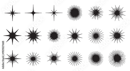 20 black starburst and sparkle vector elements. Includes various shapes of stars, sunbursts, and twinkling light effects. Created in a minimalist flat style with a monochrome black and white