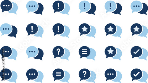 Set of Professional Round and Square Speech Bubble Icons with Transparent Layers for Digital Messaging Interface Design Customer Feedback Notifications and Online Chat Support Systems