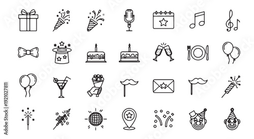 Celebration and party outline icon collection. Includes gift, fireworks, microphone, calendar, music, bow tie, magic hat, cake, champagne, plate, balloons, cocktail, ice cream, mask, envelope