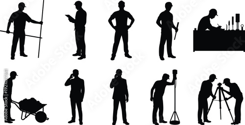 Construction engineer surveyor worker silhouettes collection, builder inspection measuring teamwork set, industrial occupation people illustration concept