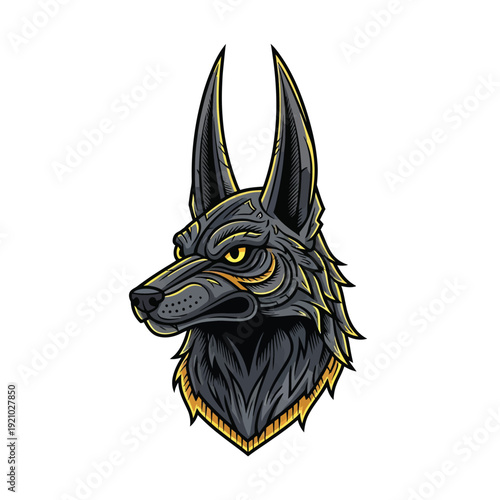 Powerful Anubis Head Vector Mascot Logo. Ancient Egyptian God Jackal Deity Illustration with Gold Accents and Intense Yellow Eyes. Mythology, Fantasy Art, Esport Design