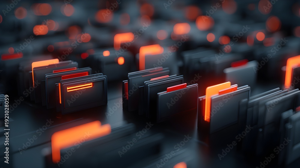 Fototapeta premium Abstract Rows Of Dark Digital Folders Featuring Glowing Red Status Indicator Tabs 
