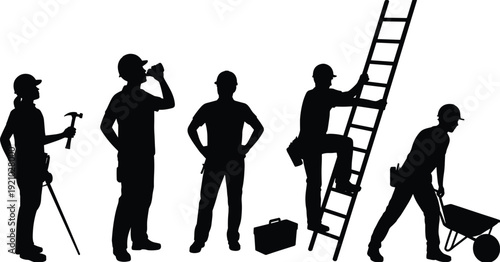 Construction worker silhouettes activity set, builders hammer ladder wheelbarrow collection, industrial labor illustration, handyman workforce poses isolated