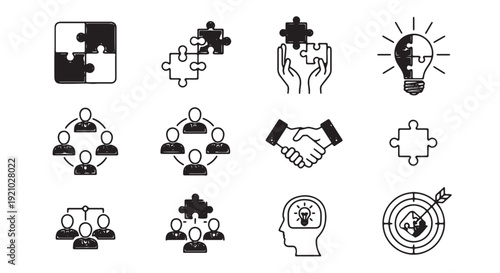 Teamwork and collaboration outline icon collection. Includes puzzle pieces, handshake, target, lightbulb, and human figures. Created in a black and white line art style with a monochrome palette.