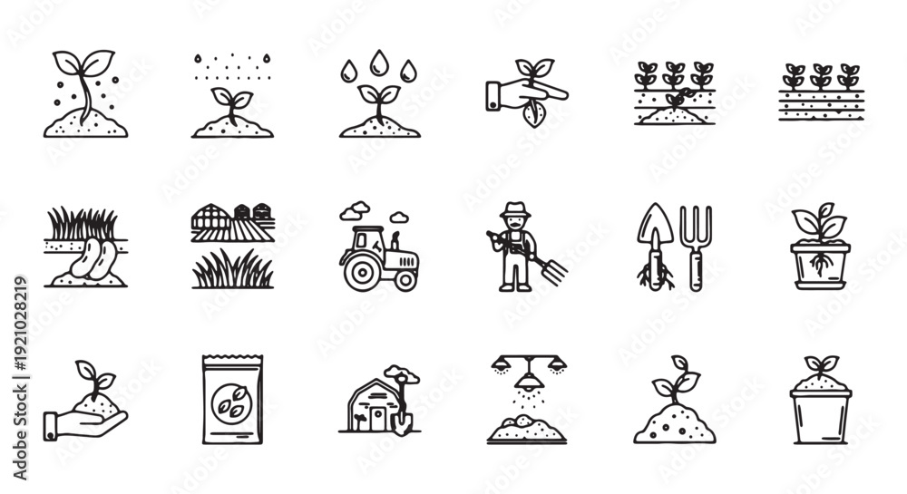 Fototapeta Agriculture and farming outline icon collection. Includes planting, watering, harvesting, tractor, farmer, tools, and plant growth symbols. Created in thin line style with black and white