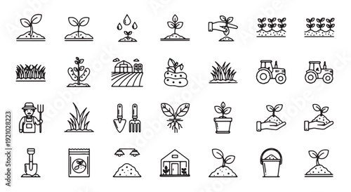 Agriculture and farming outline icon collection. Includes plant, sprout, watering, harvest, tractor, farmer, and gardening symbols. Created in black line art style with white background.