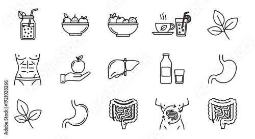 Healthy eating and digestion outline icon collection. Includes smoothie, fruit bowl, hot tea, cold drink, leaves, abs, apple, liver, milk, stomach, intestines