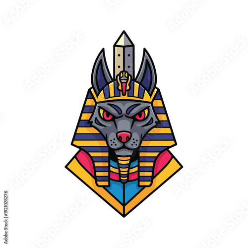 Modern Cartoon Anubis Head Vector - Egyptian God with Pharaoh Headdress & Nemes Crown