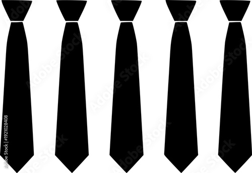 Five black neckties in a row on white background
